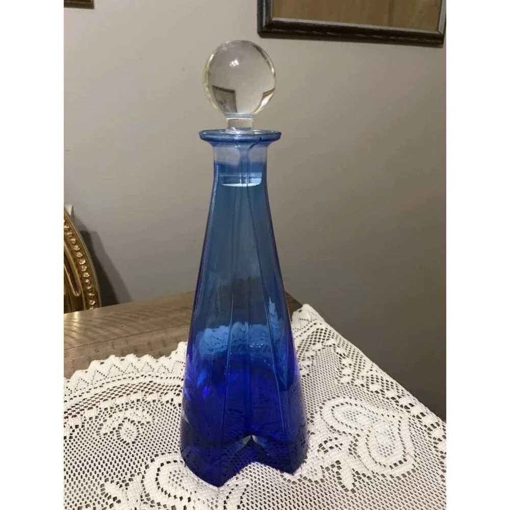 Blue Italian Crystal Glass Decanter with Ball Stopper